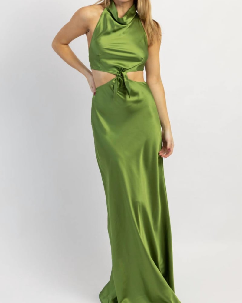 Front of a model wearing a size L Kate Bow Tie Maxi Dress In Olive in Olive by LUXXEL. | dia_product_style_image_id:358887